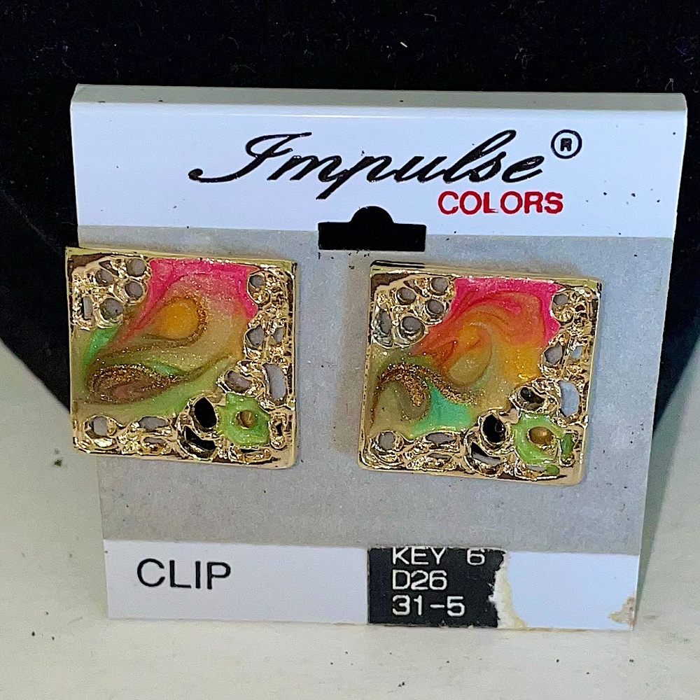 VINTAGE Gold Tone Multicolor Swirl Clip On Earrings